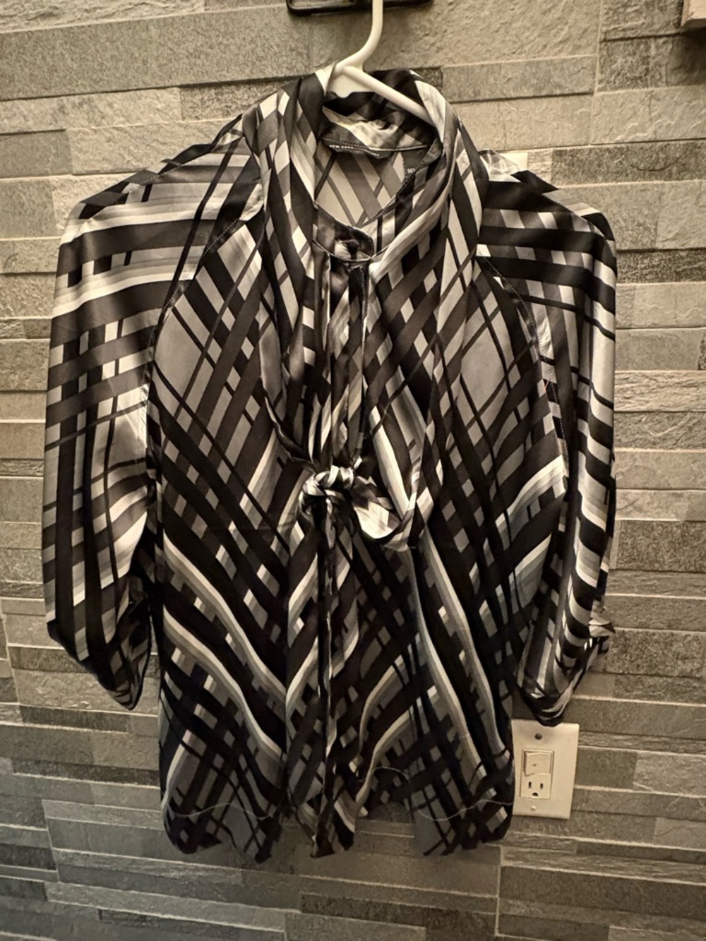 New York & Company Black and Gray Striped Tie-Neck Blouse